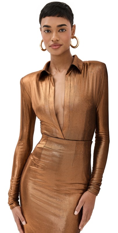 LaQuan Smith Shrunken Blouse Thong Bodysuit Copper