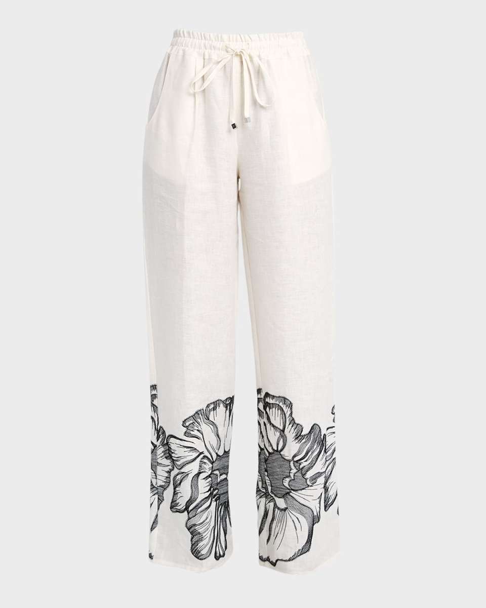 Floral Embroidered Wide-Leg Pull-On Linen Pants