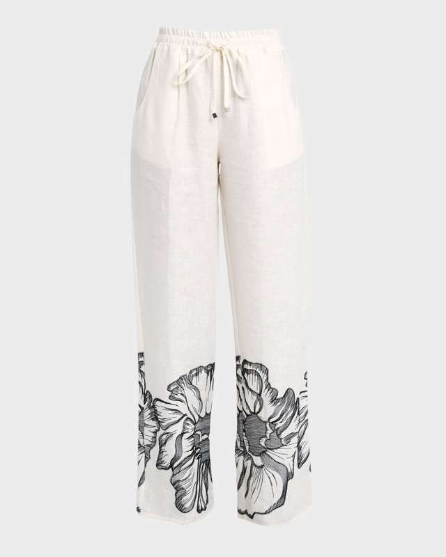 Floral Embroidered Wide-Leg Pull-On Linen Pants