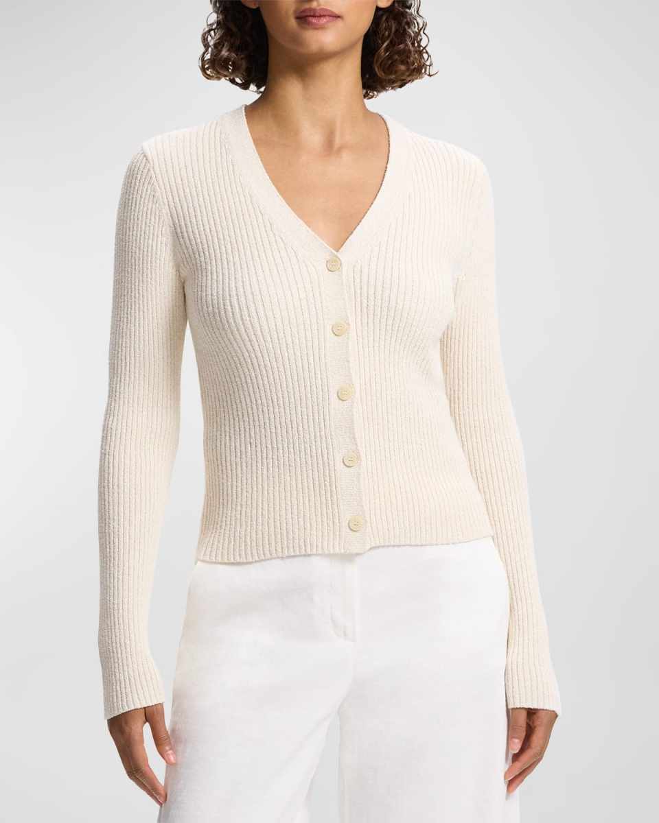Textured Cotton Rib Fitted V-Neck Cardigan
