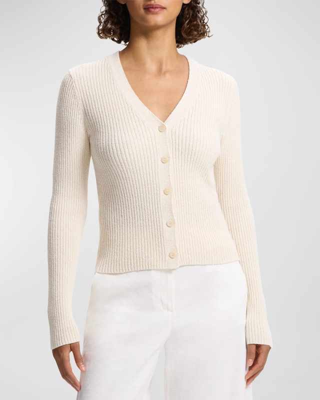 Textured Cotton Rib Fitted V-Neck Cardigan