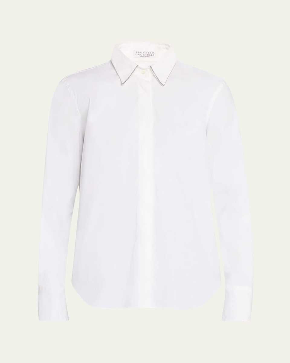 Poplin Button-Front Shirt with Monili Collar