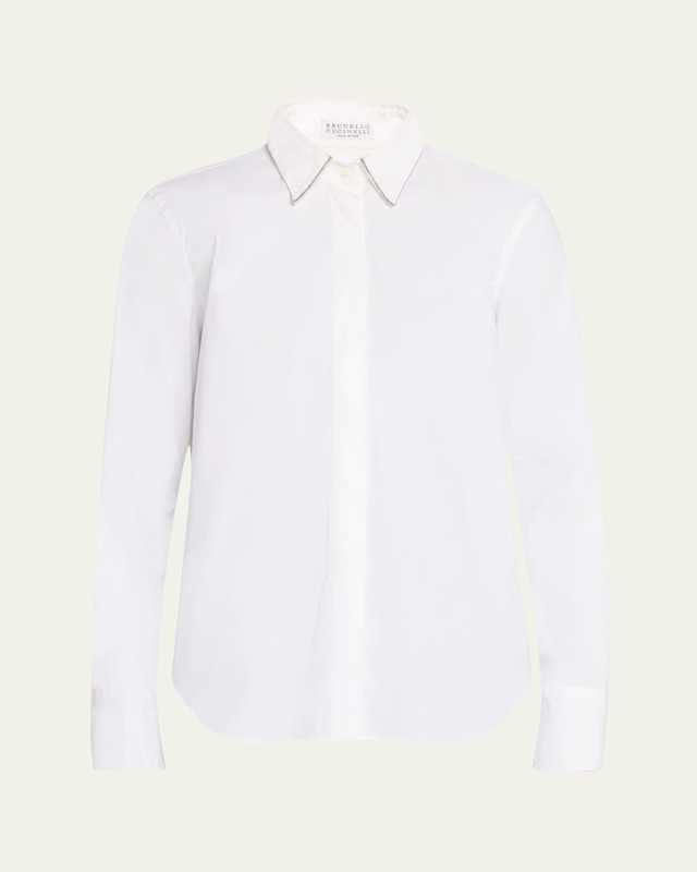 Poplin Button-Front Shirt with Monili Collar