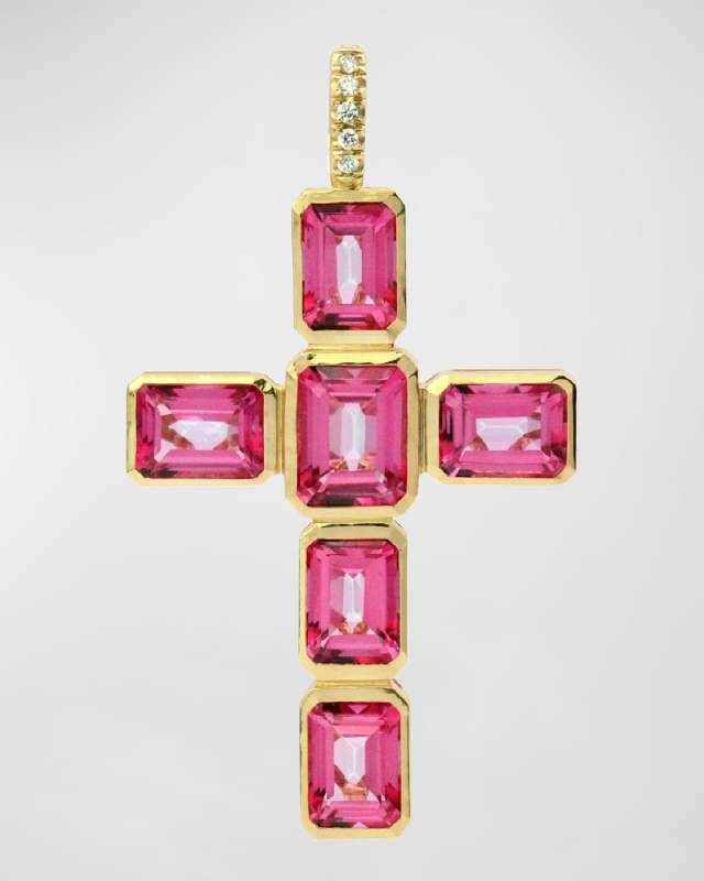 18K Yellow Gold Celeste Pink Topaz Cross Pendant