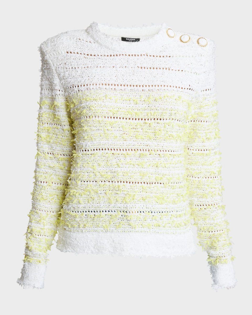 3-Button Round-Neck Tweed Pullover Top