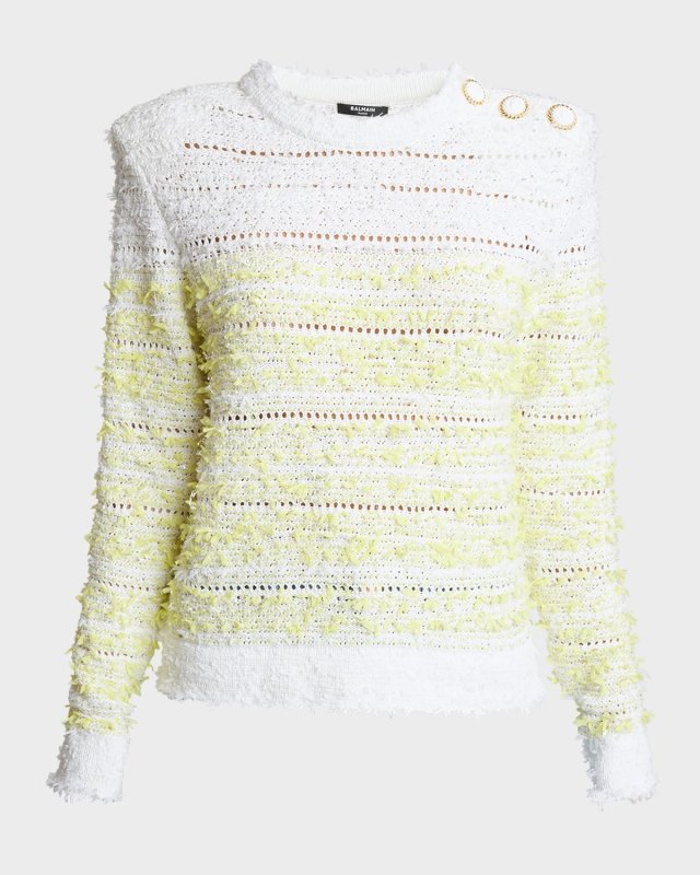 3-Button Round-Neck Tweed Pullover Top