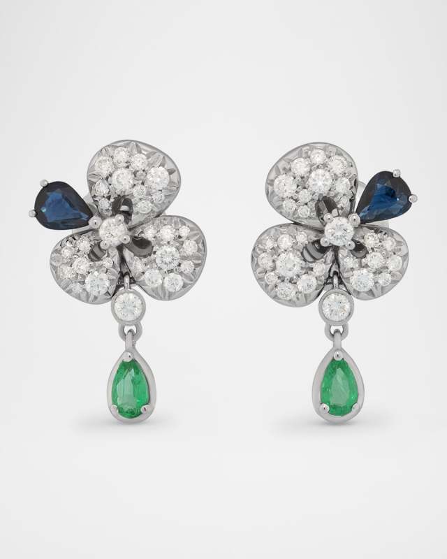18K White Gold Earrings with Emeralds, Blue Sapphires and Diamonds