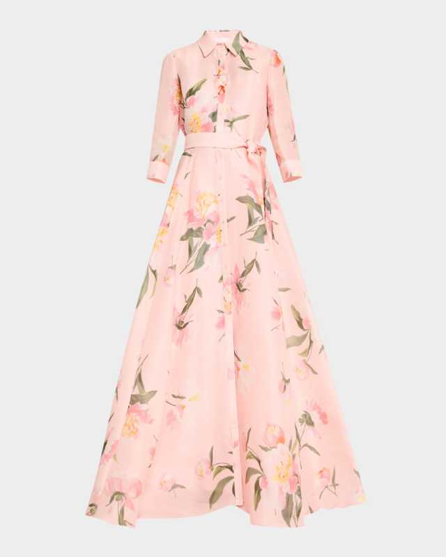 Floral Print Belted Trench Gown