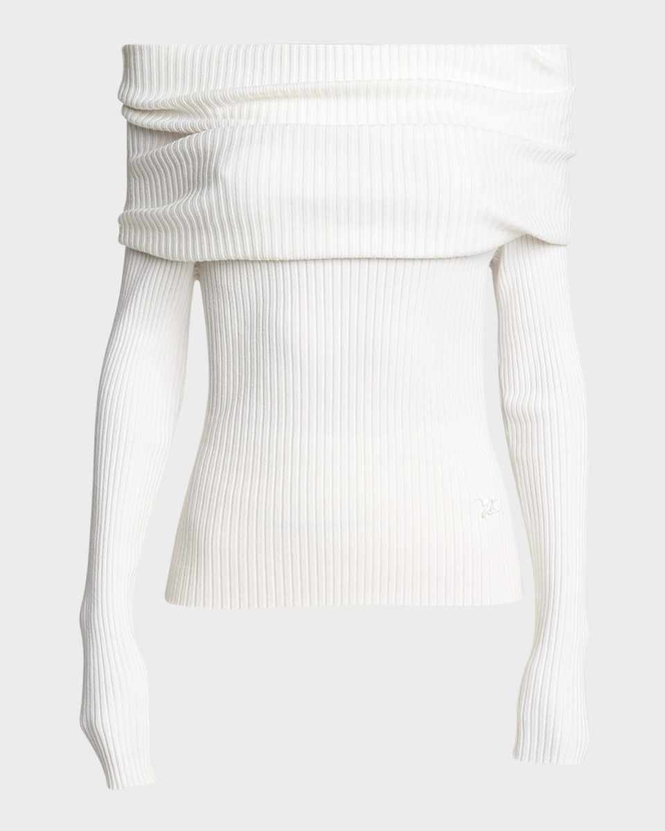 Twisted Off-The-Shoulder Long-Sleeve Rib Knit Sweater