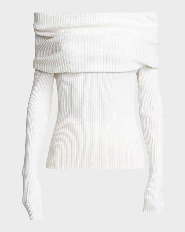Twisted Off-The-Shoulder Long-Sleeve Rib Knit Sweater