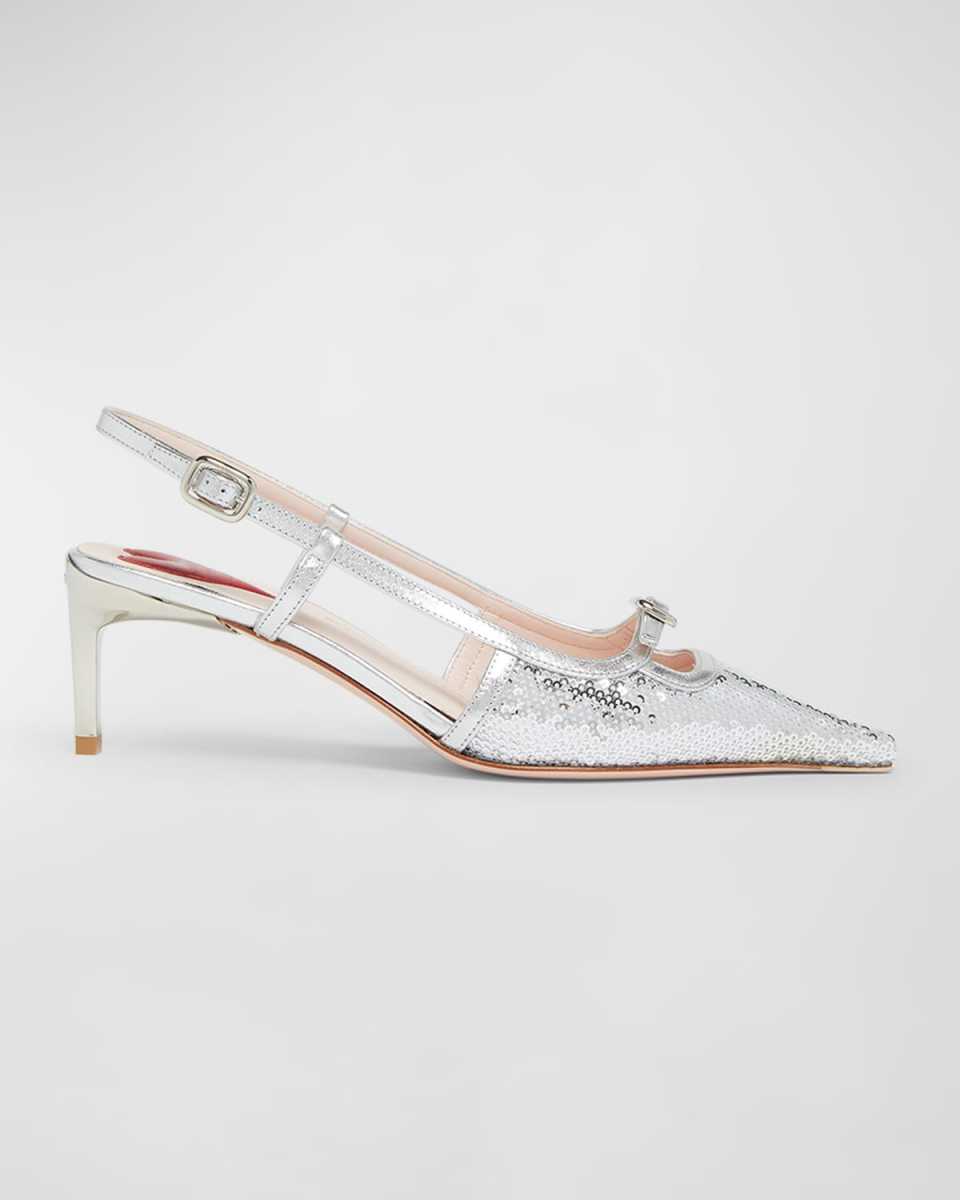 Mini Buckle Metallic Sequin Slingback Pumps