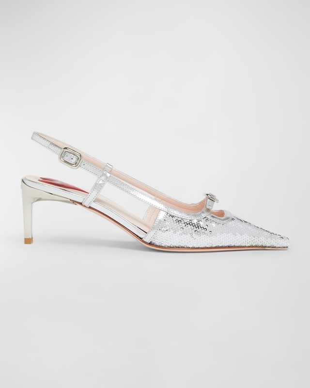 Mini Buckle Metallic Sequin Slingback Pumps