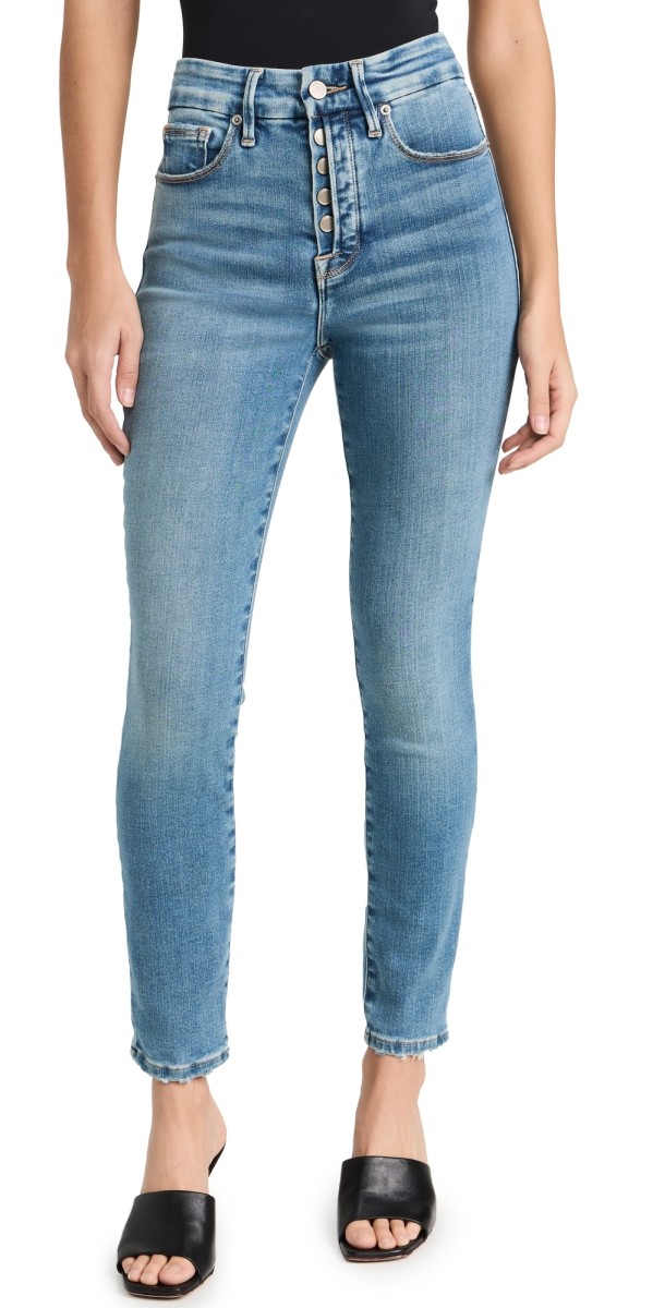 Good American Good Legs Crop Partial Exposed Button Fly Jeans Indigo56