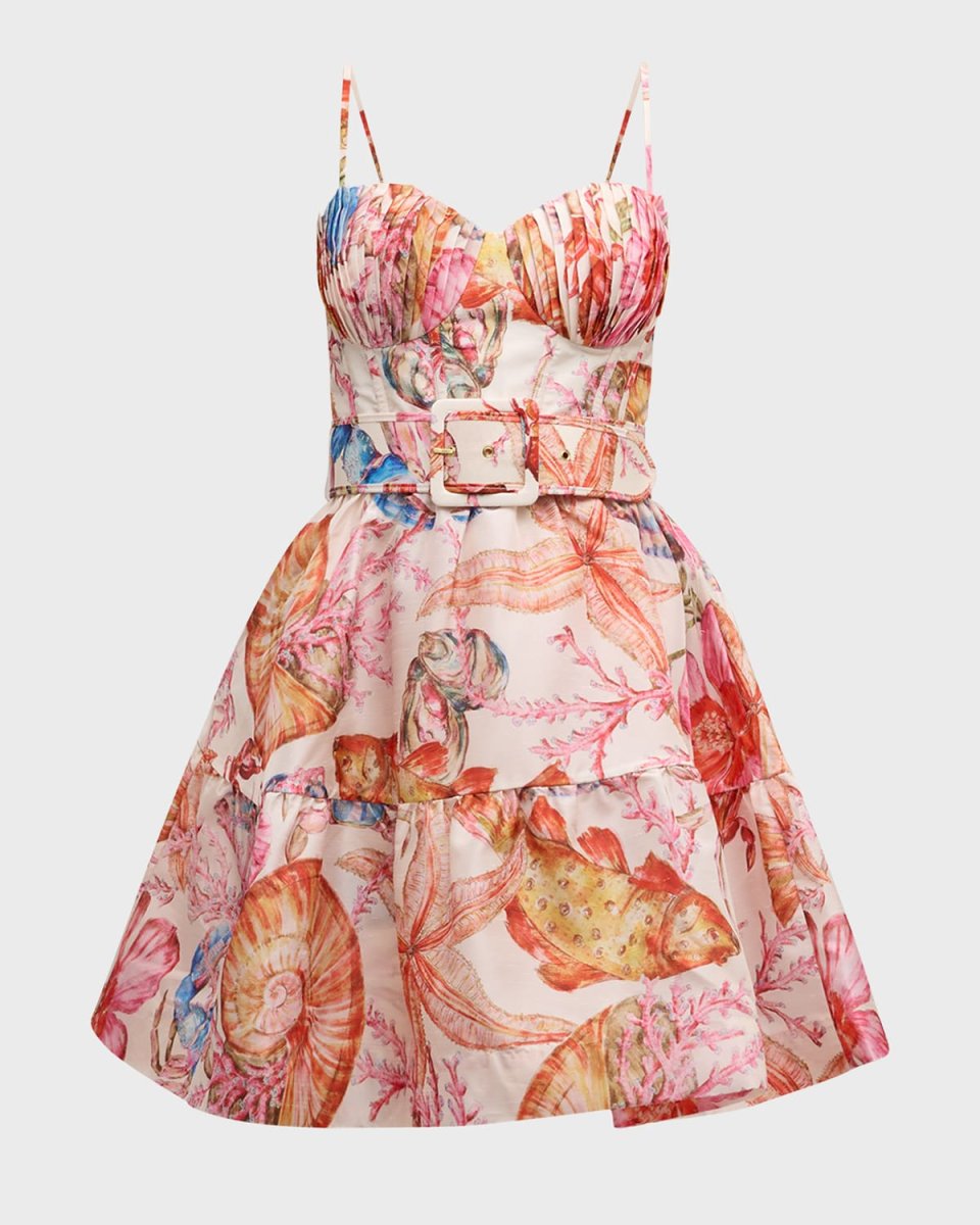 Summer Seas Pleated Coral-Print Mini Dress