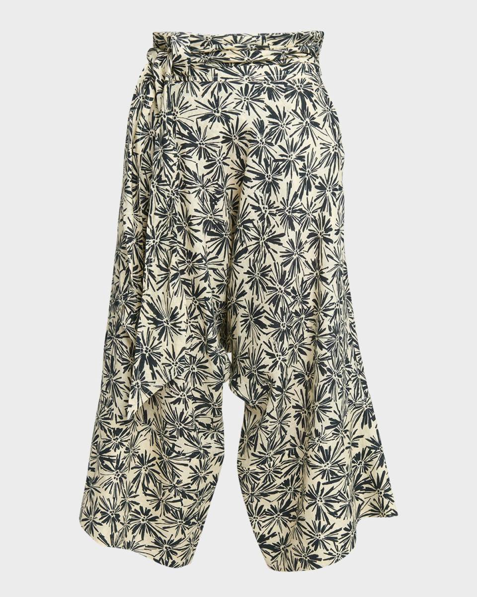Yuki Flower-Print Wrap-Waist Wide-Leg Crop Linen Pants