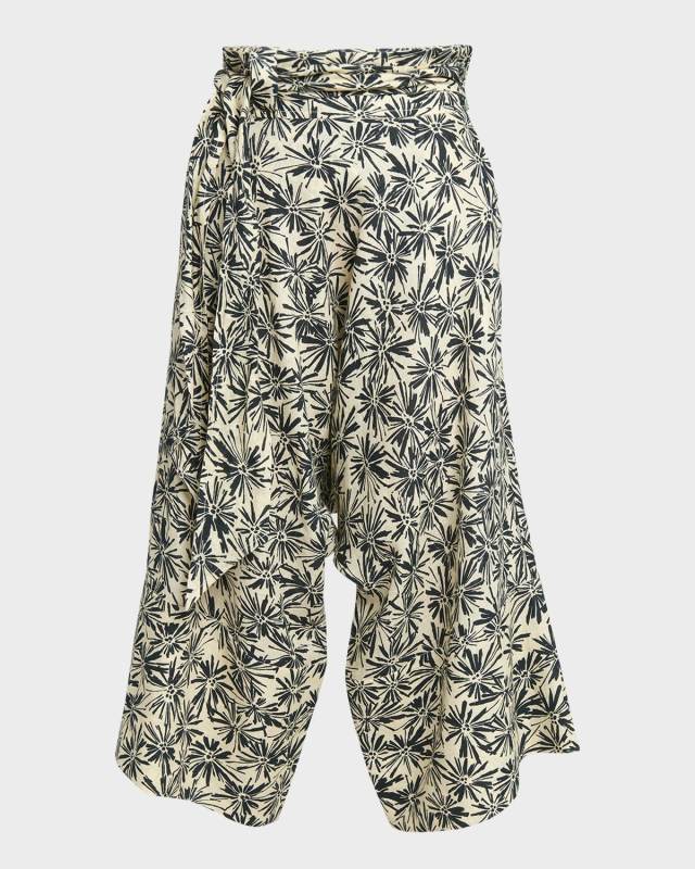 Yuki Flower-Print Wrap-Waist Wide-Leg Crop Linen Pants