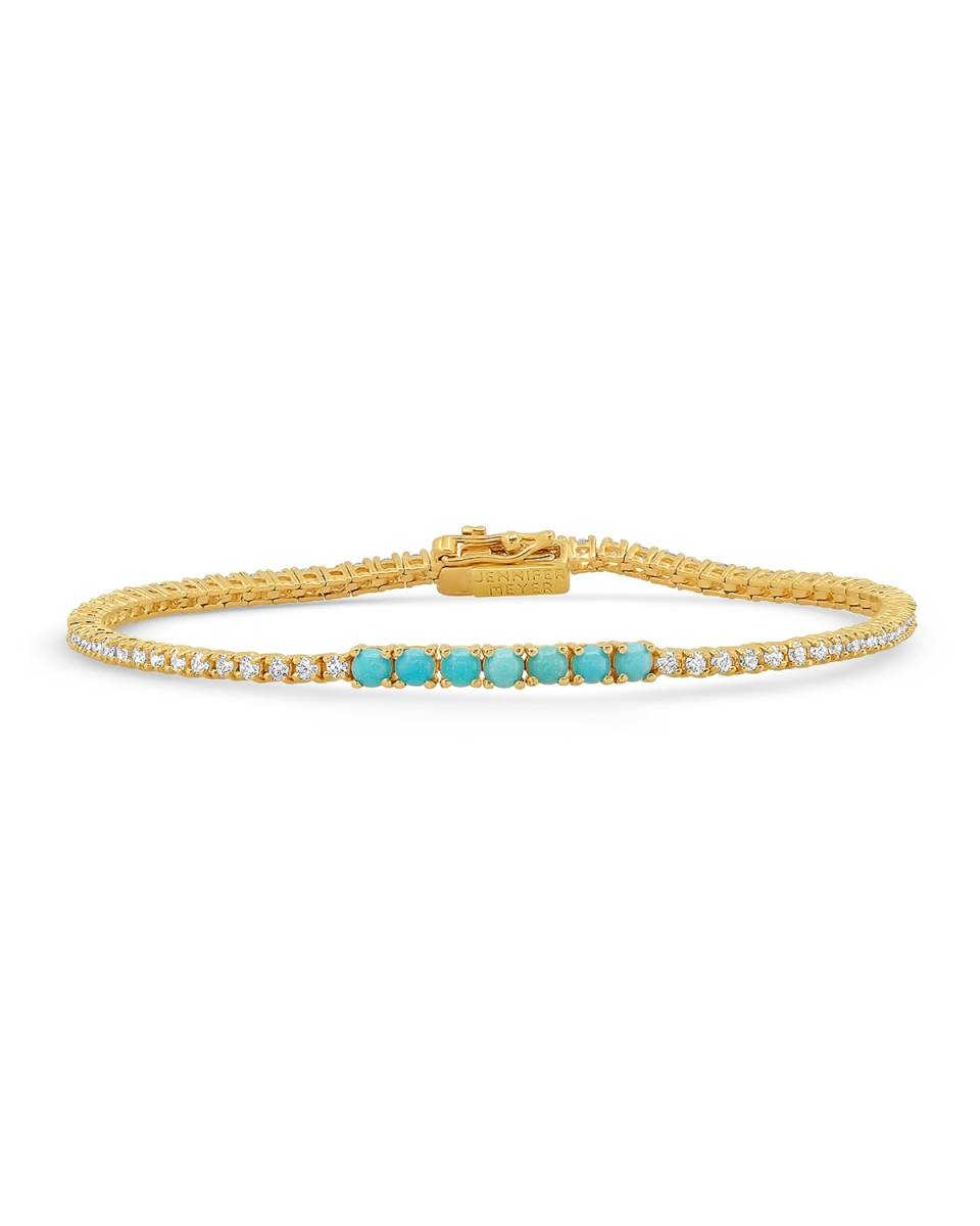 Yellow Gold Diamond Turquoise Accent Tennis Bracelet