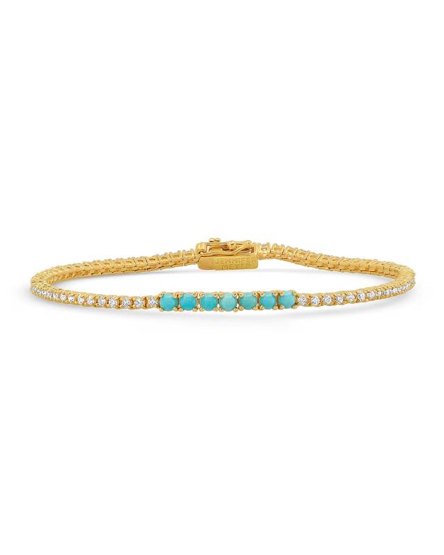 Yellow Gold Diamond Turquoise Accent Tennis Bracelet