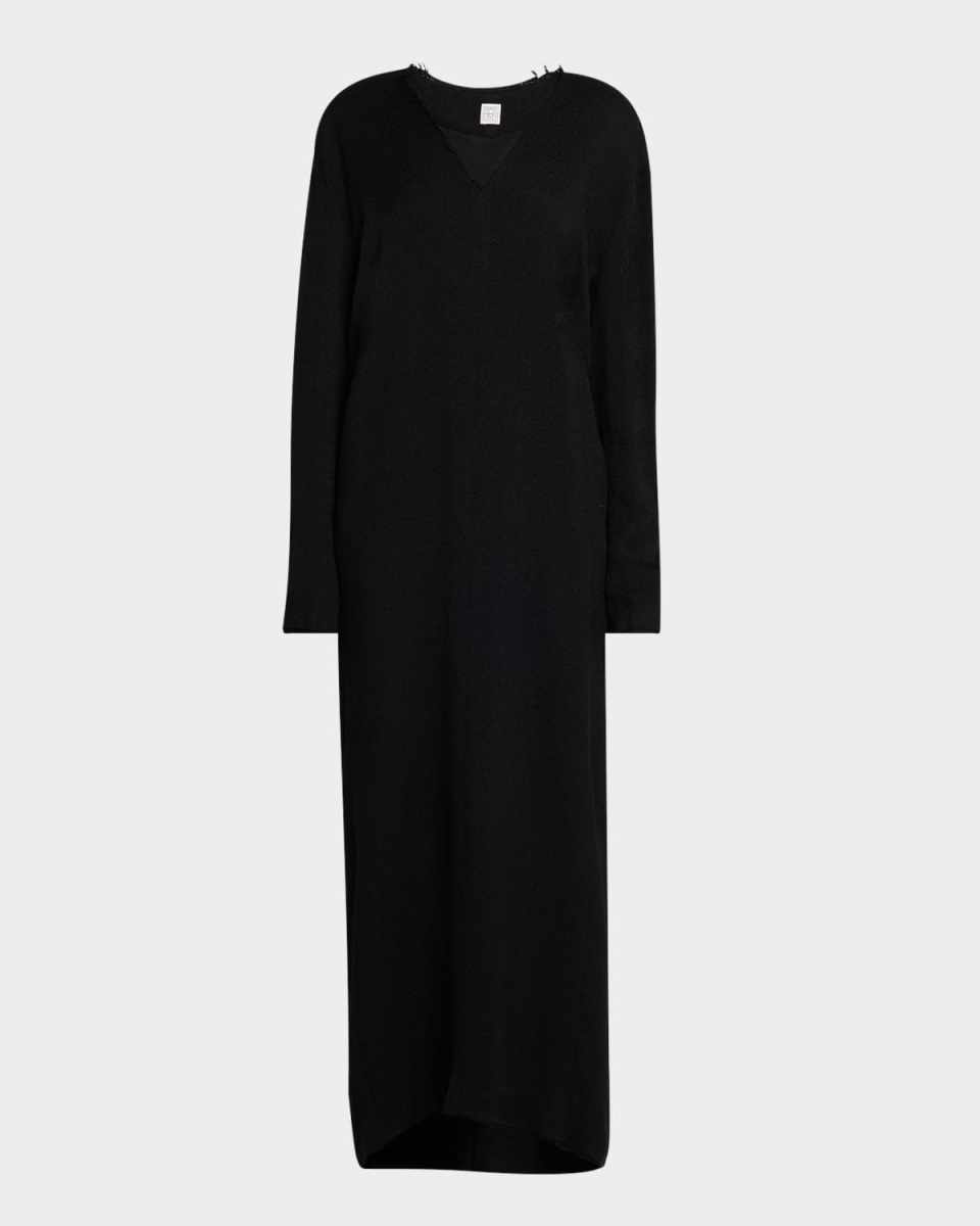Fringed V-Neck Long-Sleeve Maxi Dress
