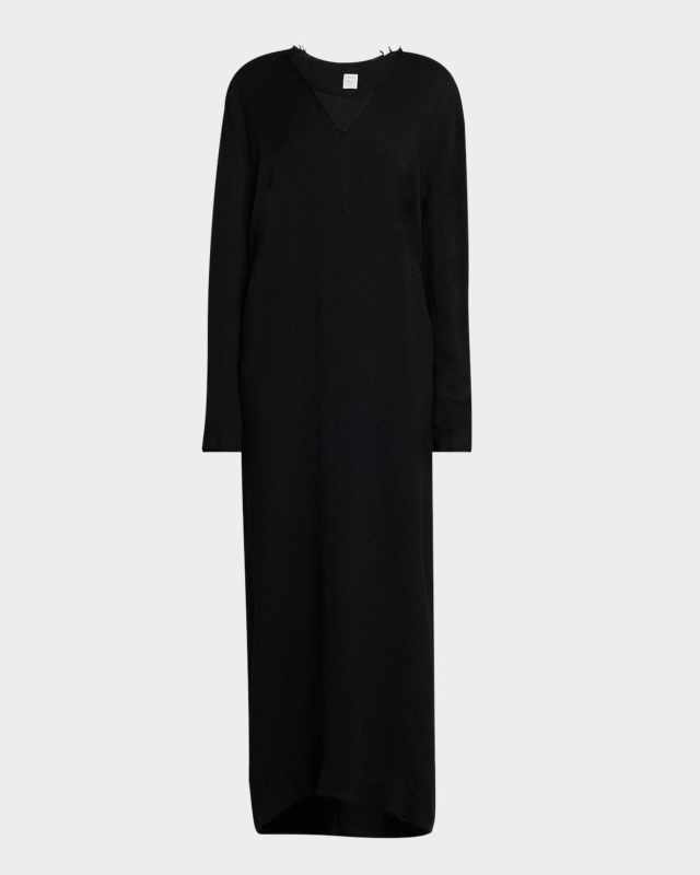 Fringed V-Neck Long-Sleeve Maxi Dress