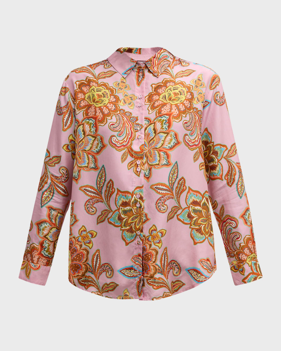 Floral-Print Button-Down Silk Shirt