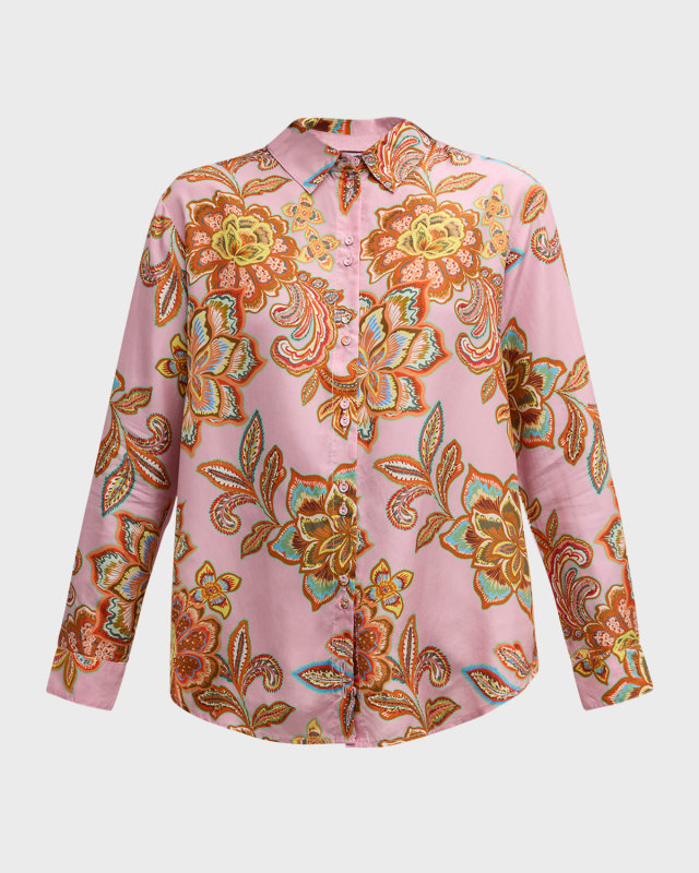 Floral-Print Button-Down Silk Shirt