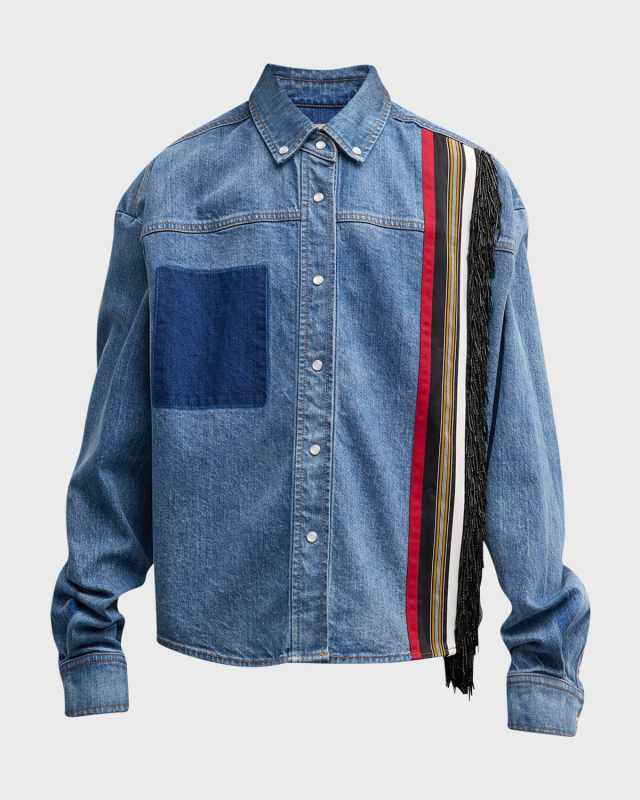 Keiko Ribbon-Trim Beaded-Fringe Denim Collared Shirt