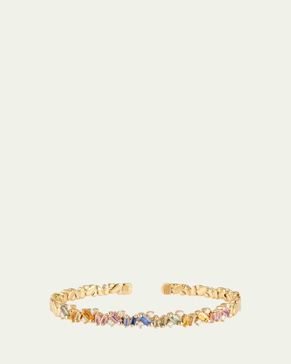18K Yellow Gold White Diamond and Pastel Sapphire Frenzy Bangle Bracelet