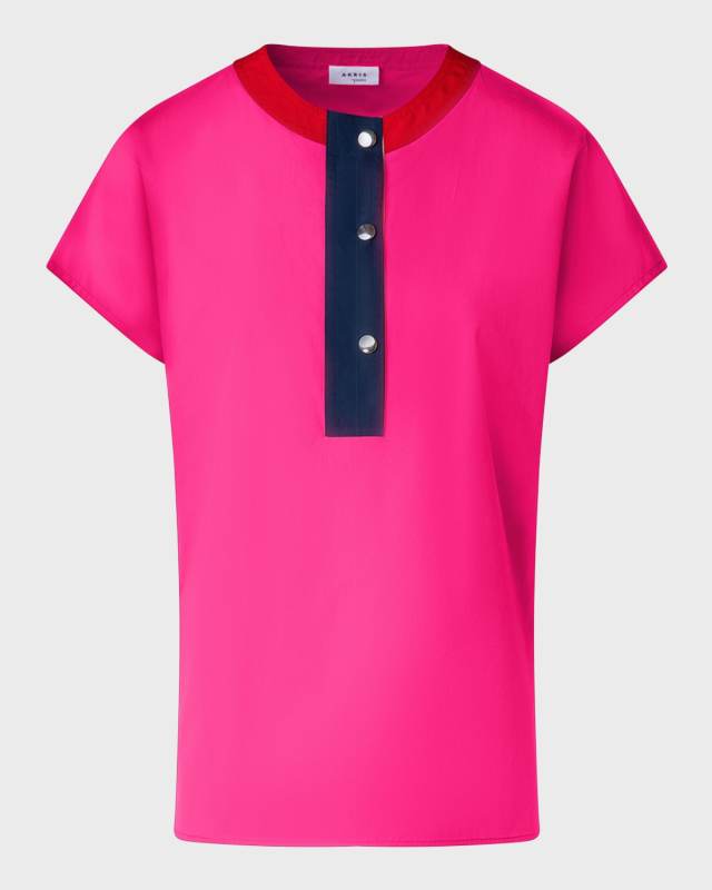Colorblock Short-Sleeve Cotton Poplin Blouse