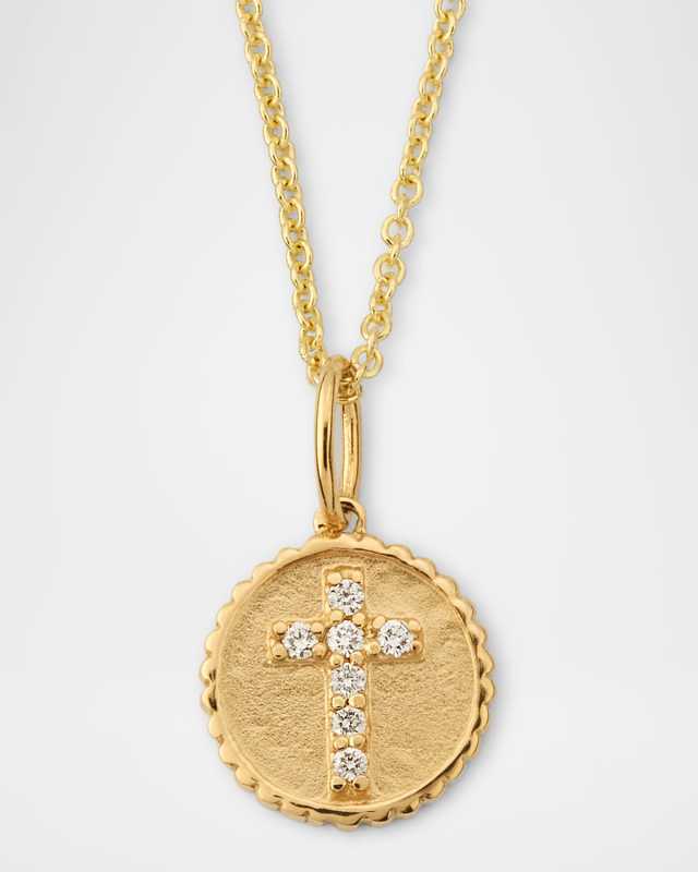 14K Yellow Gold Tiny Gold Cross Coin Charm Necklace with Diamonds