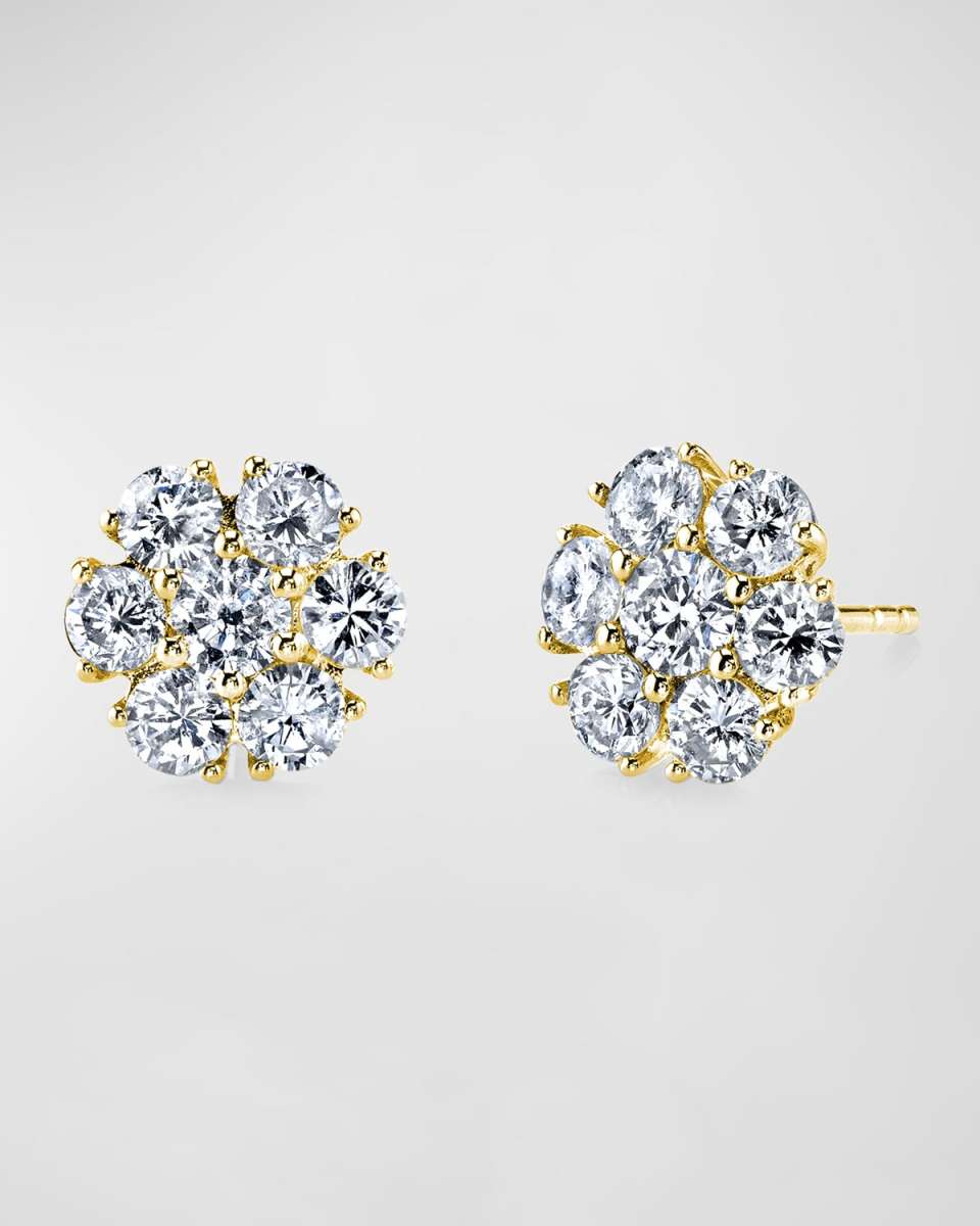 18K Gold Round Diamond Flower Stud Earrings, 1.7tcw, 0.37"L / 0.37"W