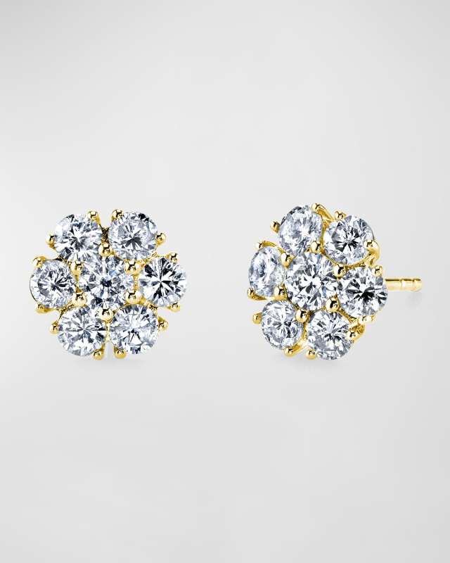 18K Gold Round Diamond Flower Stud Earrings, 1.7tcw, 0.37"L / 0.37"W
