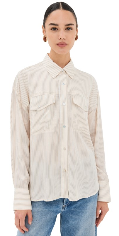 Pistola Denim Nellie Blouse Tan White Pinstripe