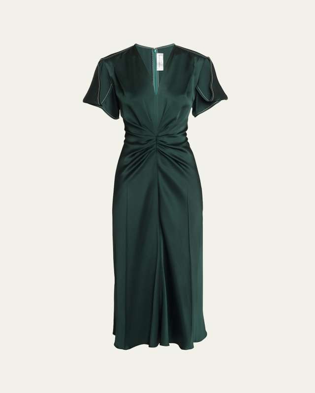Ruched V-Neck Satin Midi Dress