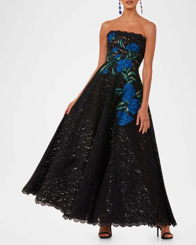 Patricia Strapless Floral Embroidered Lace Gown