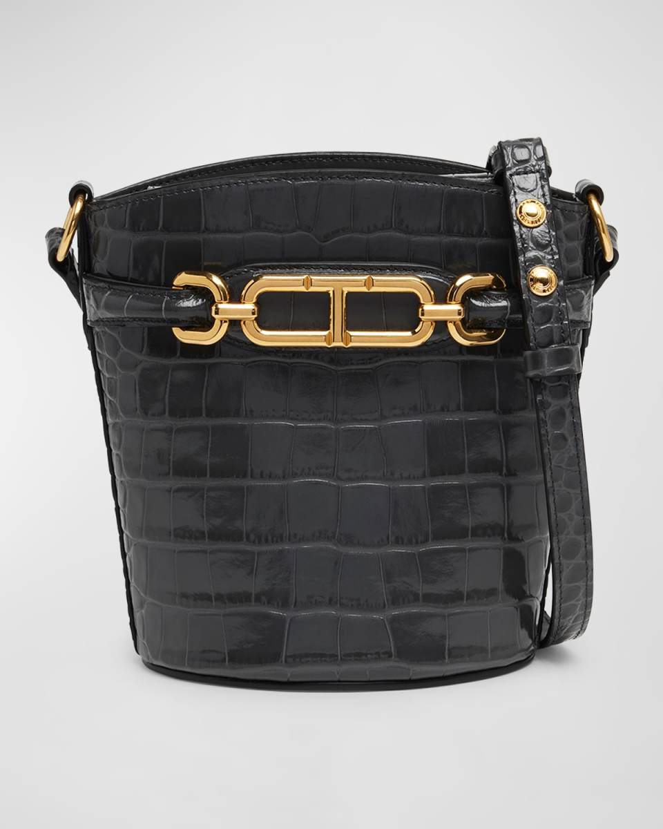 Whitney Small Bucket Bag in Shiny Croc-Embossed Leather