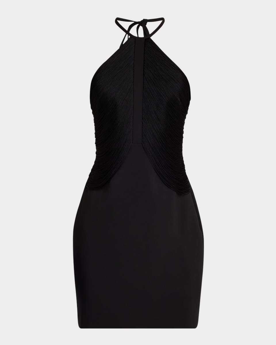 Draped-Fringe Halter Mini Dress