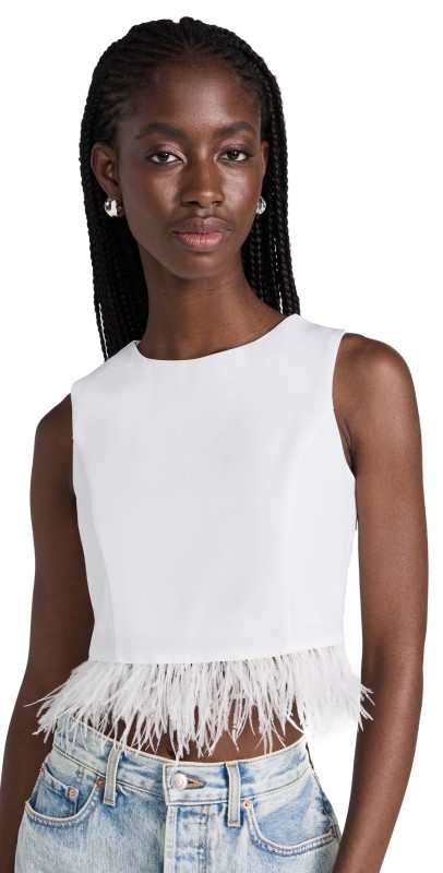 endless rose Feather Trim Bow Tie Top White