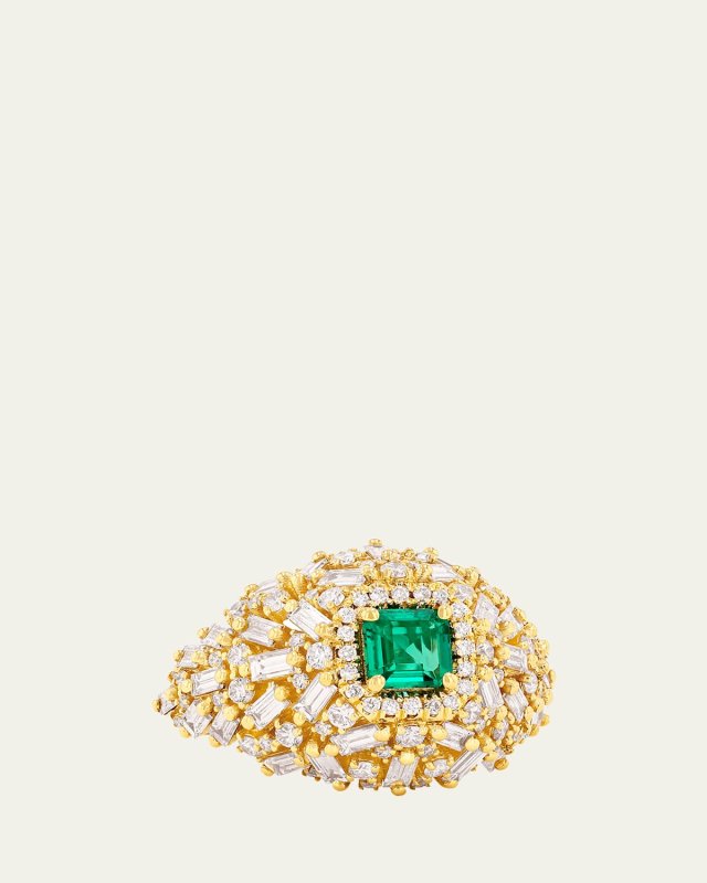 18K Yellow Gold Diamond and Emerald Dome Ring, Size