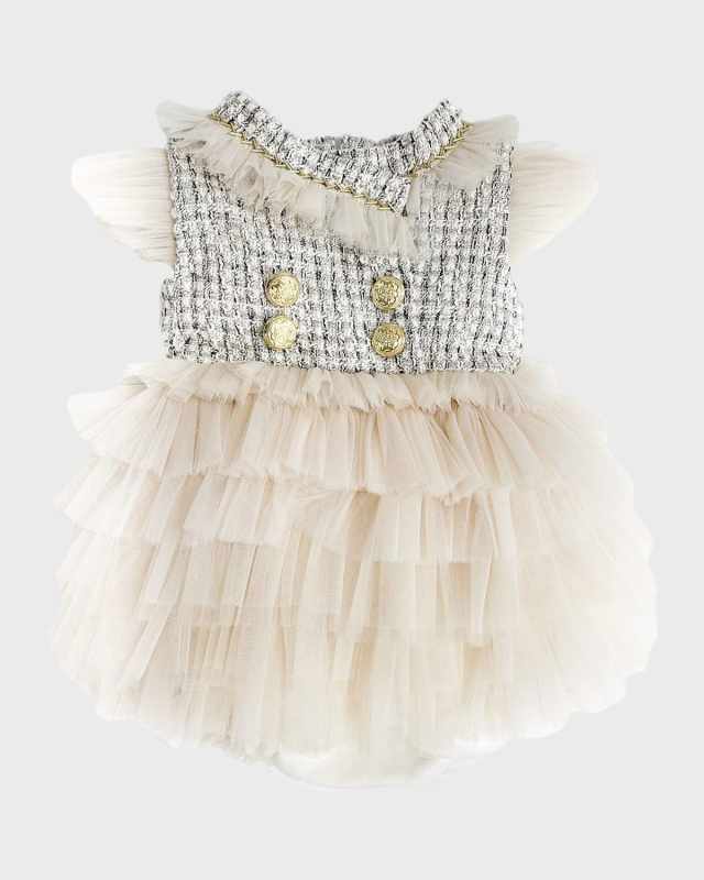 Girl's Fira Tweed & Tulle Layered Romper, Size 3M-2