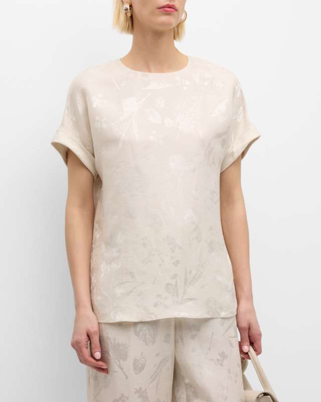 Dolman-Sleeve Floral Jacquard Blouse