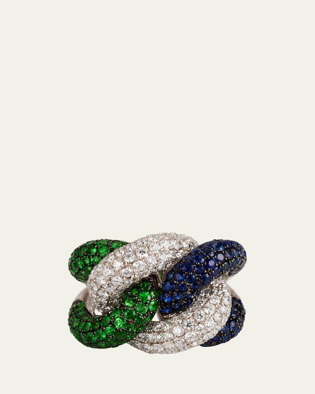 18K White Gold Rope Chain Ring with Sapphire, Garnet, and Diamonds