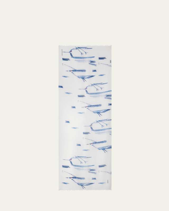 Kasuri Birds Print Cashmere Silk Scarf