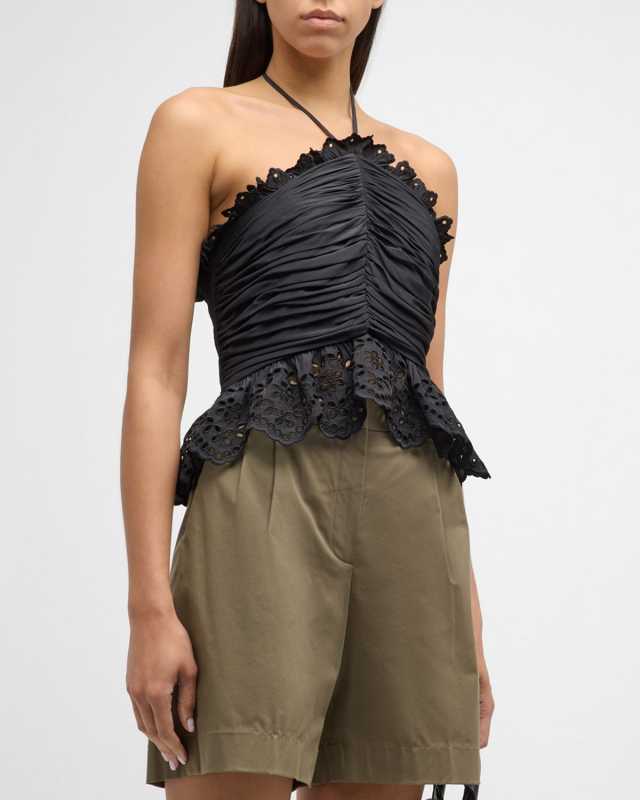 Michelle Gathered Eyelet-Trim Halter Blouse
