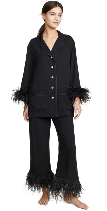 Sleeper Party Pajama Set with Double Feathers Black
