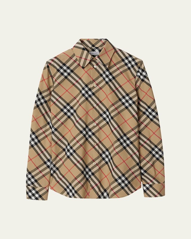 Check Long-Sleeve Cotton Button-Down Top