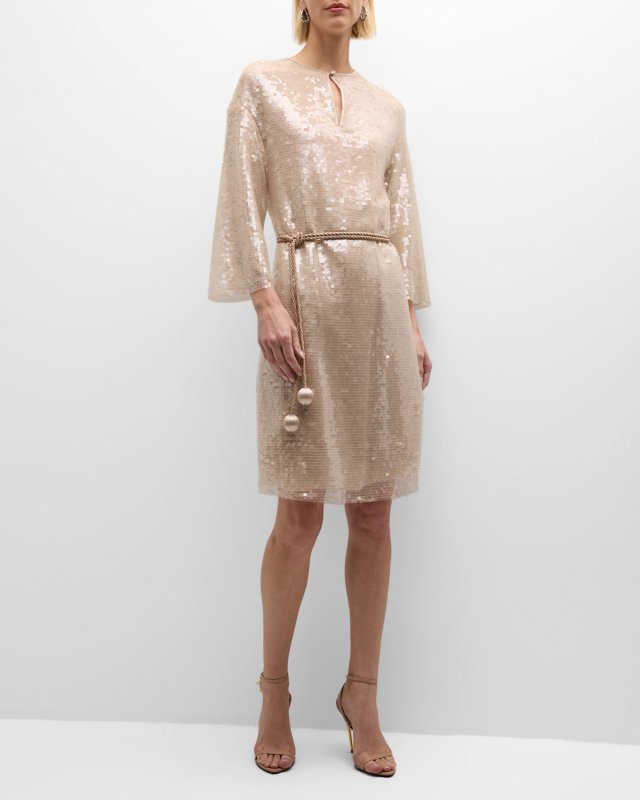 Belted Sequin Midi Shift Dress