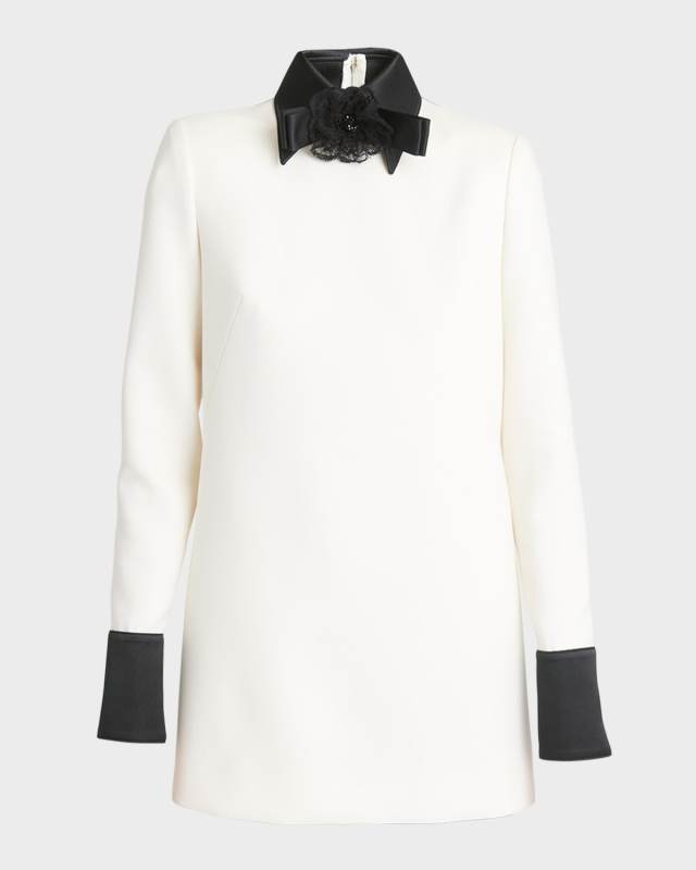 Lana Contrast Collar Long-Sleeve Crepe Mini Dress