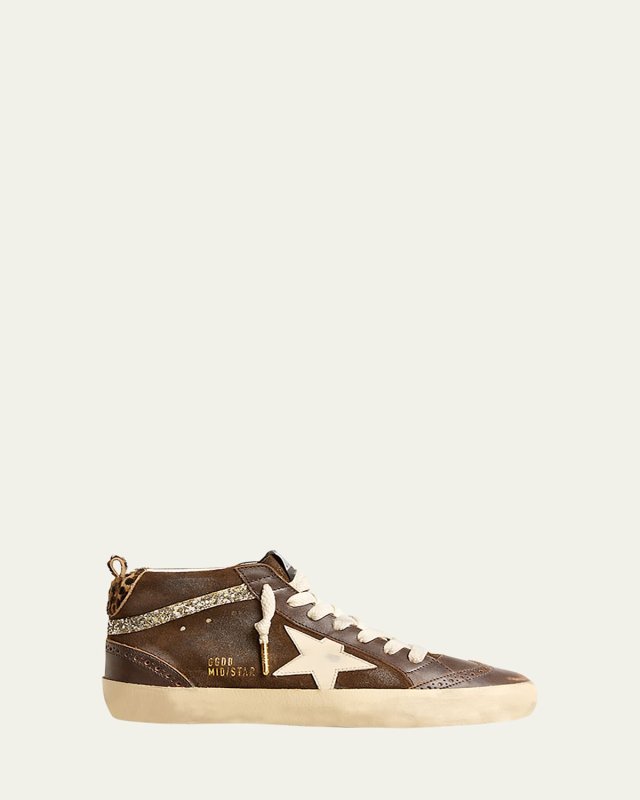 Midstar Mixed Leather Leopard Mid-Top Sneakers