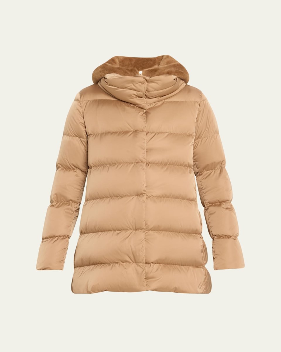 A-Shape Sateen Puffer Coat with Faux-Fur Wind Guard
